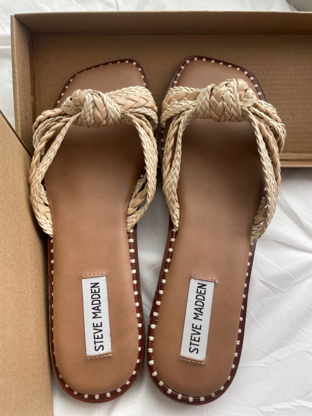 Steve Madden Wilmah Tan Braided Knot Slide Sandals